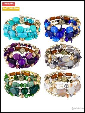 Boho Agate Turquoise Beaded Charm Bracelet Set Stackable Yoga Jewelry